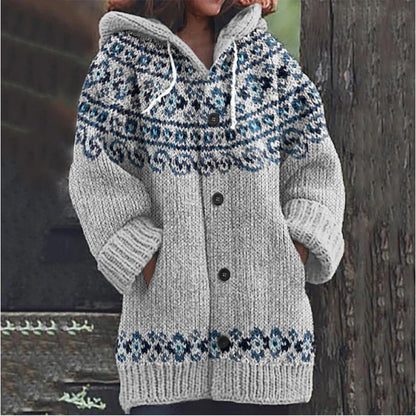 🔥 50% SLEVA 🔥 ✨ Nový dámský pletený svetr s kapucí, geometrickým vzorem a zapínáním na knoflíky, ideální na podzim a zimu, velikosti S–5XL.