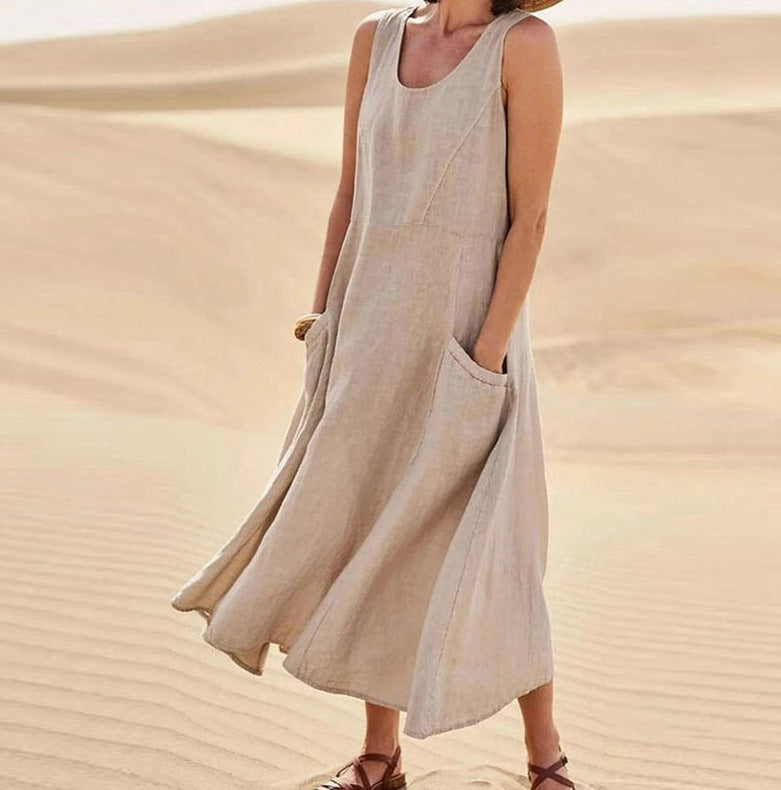👗 50% отстъпка🔥【40-120kg】Нова лятна елегантна рокля без ръкави от памучен тенсел с кръгло деколте ✅️Плащане при доставка