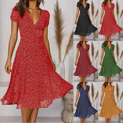 🌈👗 Sleva 50%🔥【40-100kg】Рокля с къс ръкав, V-образно деколте и флорален десен на точки, големи размери ✅️Плащане при доставка