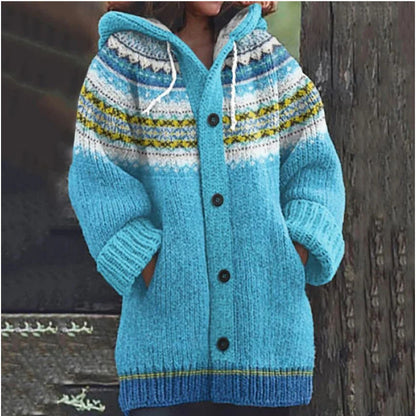🔥 50% SLEVA 🔥 ✨ Nový dámský pletený svetr s kapucí, geometrickým vzorem a zapínáním na knoflíky, ideální na podzim a zimu, velikosti S–5XL.
