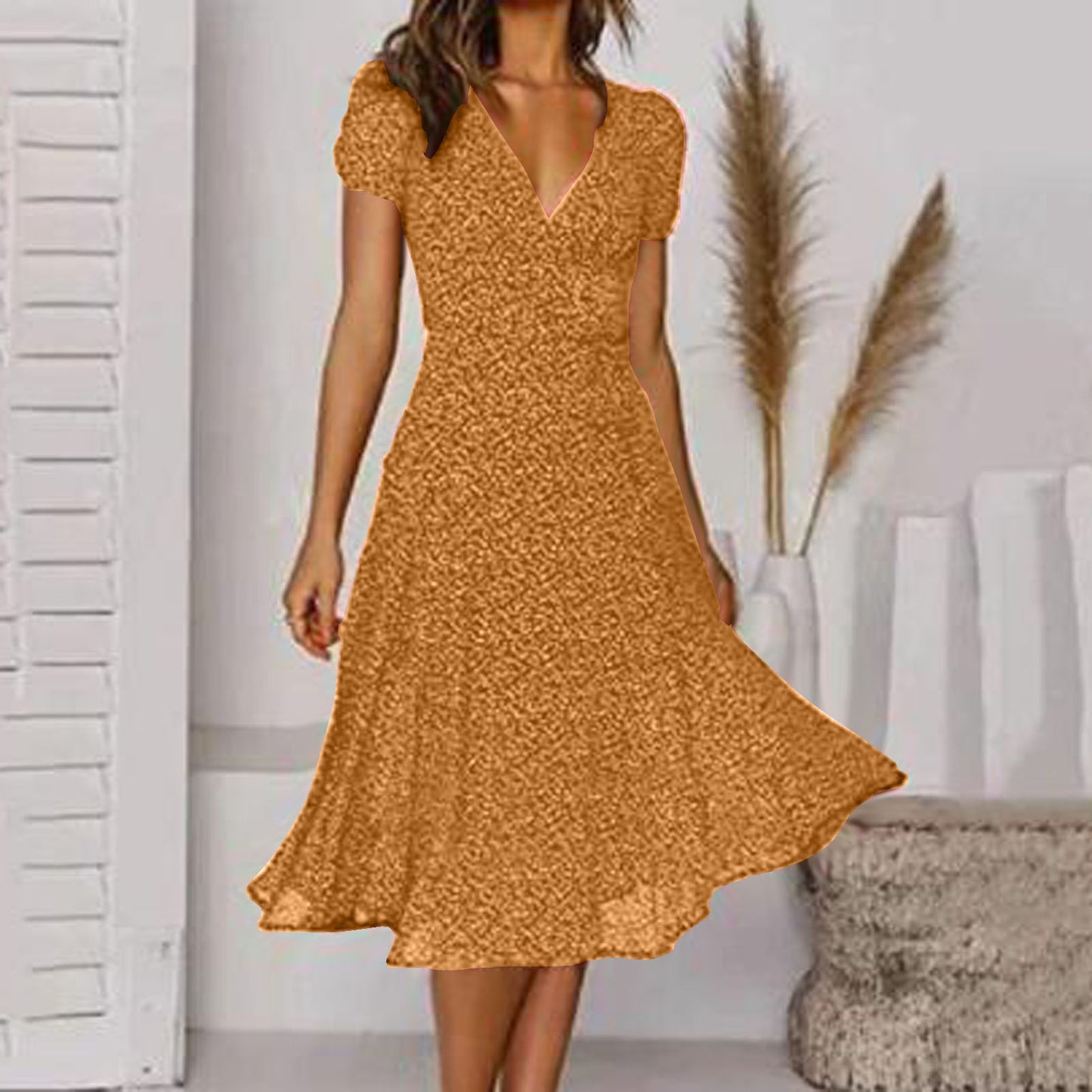 🌈👗 Sleva 50%🔥【40-100kg】Рокля с къс ръкав, V-образно деколте и флорален десен на точки, големи размери ✅️Плащане при доставка