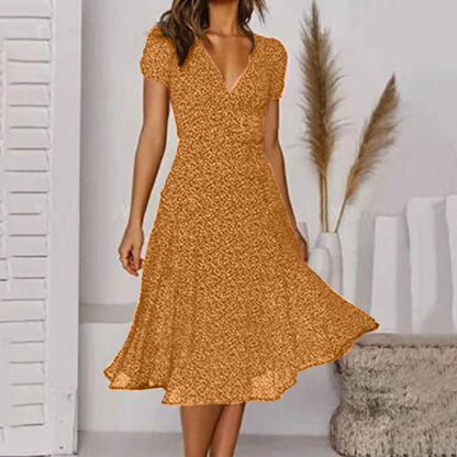 🌈👗 Sleva 50%🔥【40-100kg】Рокля с къс ръкав, V-образно деколте и флорален десен на точки, големи размери ✅️Плащане при доставка