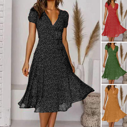 🌈👗 Sleva 50%🔥【40-100kg】Рокля с къс ръкав, V-образно деколте и флорален десен на точки, големи размери ✅️Плащане при доставка