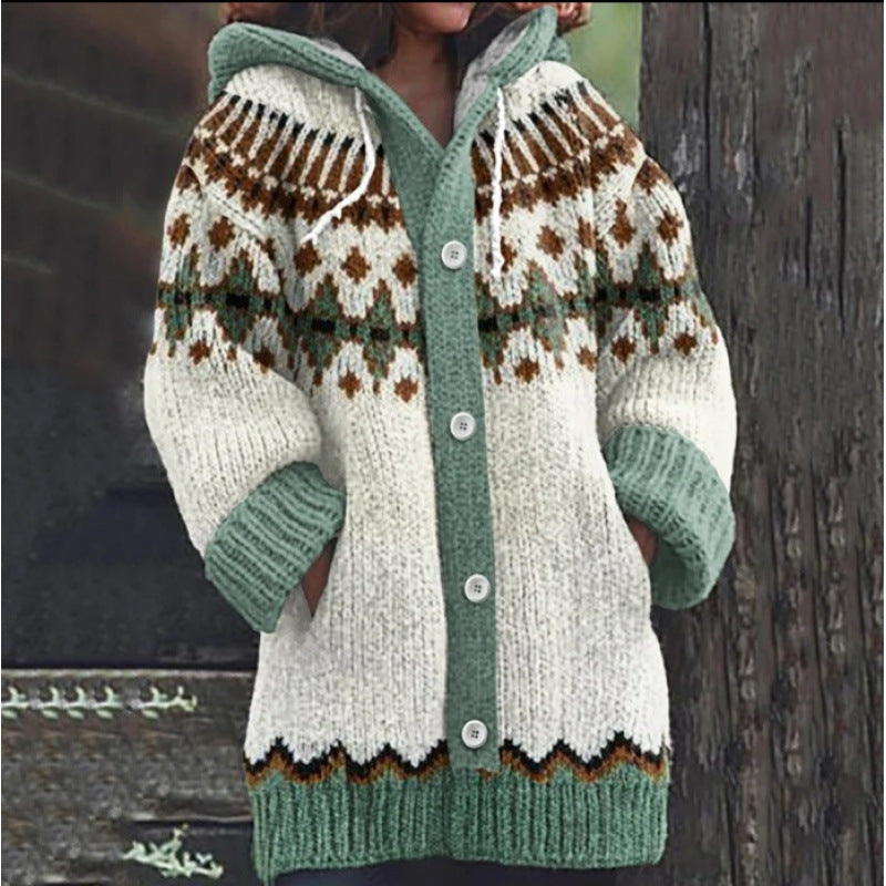 🔥 50% SLEVA 🔥 ✨ Nový dámský pletený svetr s kapucí, geometrickým vzorem a zapínáním na knoflíky, ideální na podzim a zimu, velikosti S–5XL.