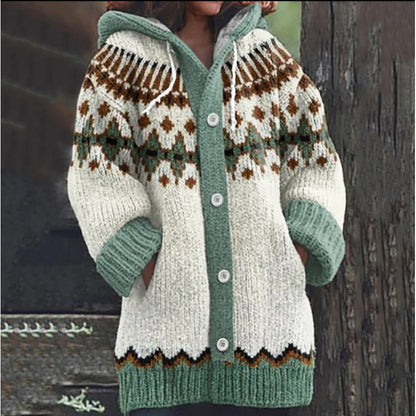 🔥 50% SLEVA 🔥 ✨ Nový dámský pletený svetr s kapucí, geometrickým vzorem a zapínáním na knoflíky, ideální na podzim a zimu, velikosti S–5XL.