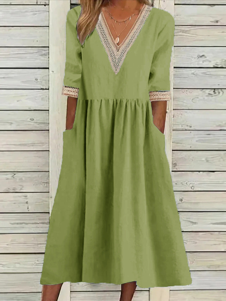 👗【50% отстъпка 🔥】👑 Рокля миди размер от памук и лен с дантелена яка ✅️Плащане при доставка