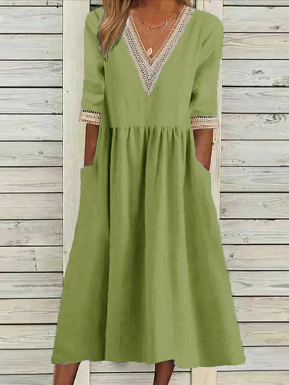 👗【50% отстъпка 🔥】👑 Рокля миди размер от памук и лен с дантелена яка ✅️Плащане при доставка