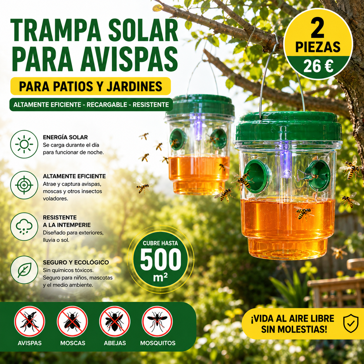 【2 piezas 29 €】🐝☀️ Trampa solar para avispas para patios y jardines 🔋🌿 – Altamente eficiente, recargable, resistente a la intemperie, cubre hasta 500 metros cuadrados.✅️Pago contra entrega