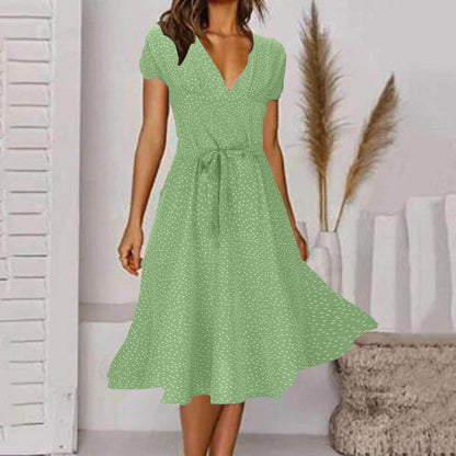 🌈👗 Sleva 50%🔥【40-100kg】Рокля с къс ръкав, V-образно деколте и флорален десен на точки, големи размери ✅️Плащане при доставка