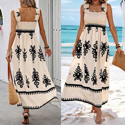 🏖️💃【Sleva 50 % ✨】【S–8XL】Nové letní dámské šaty na ramínka s potiskem, volného střihu, s elastickým pasem, ve velkých velikostech