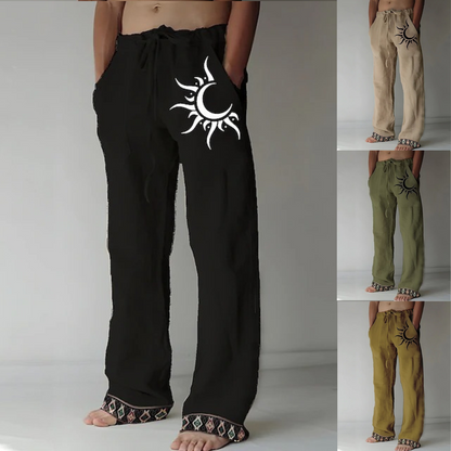 🌙👖 50% popusta🔥【40-130kg】Нови мъжки панталони с лунен десен, големи размери, от смес от памук и лен ✅️Плащане при доставка