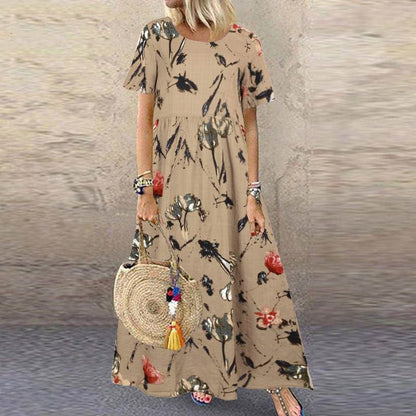 🌼👗 50% отстъпка🔥【40-120 кг】Дамска ретро рокля с флорален мотив, къси ръкави и кръгло деколте, голям размер ✅Плащане при доставка ✅2 артикула със 70% отстъпка