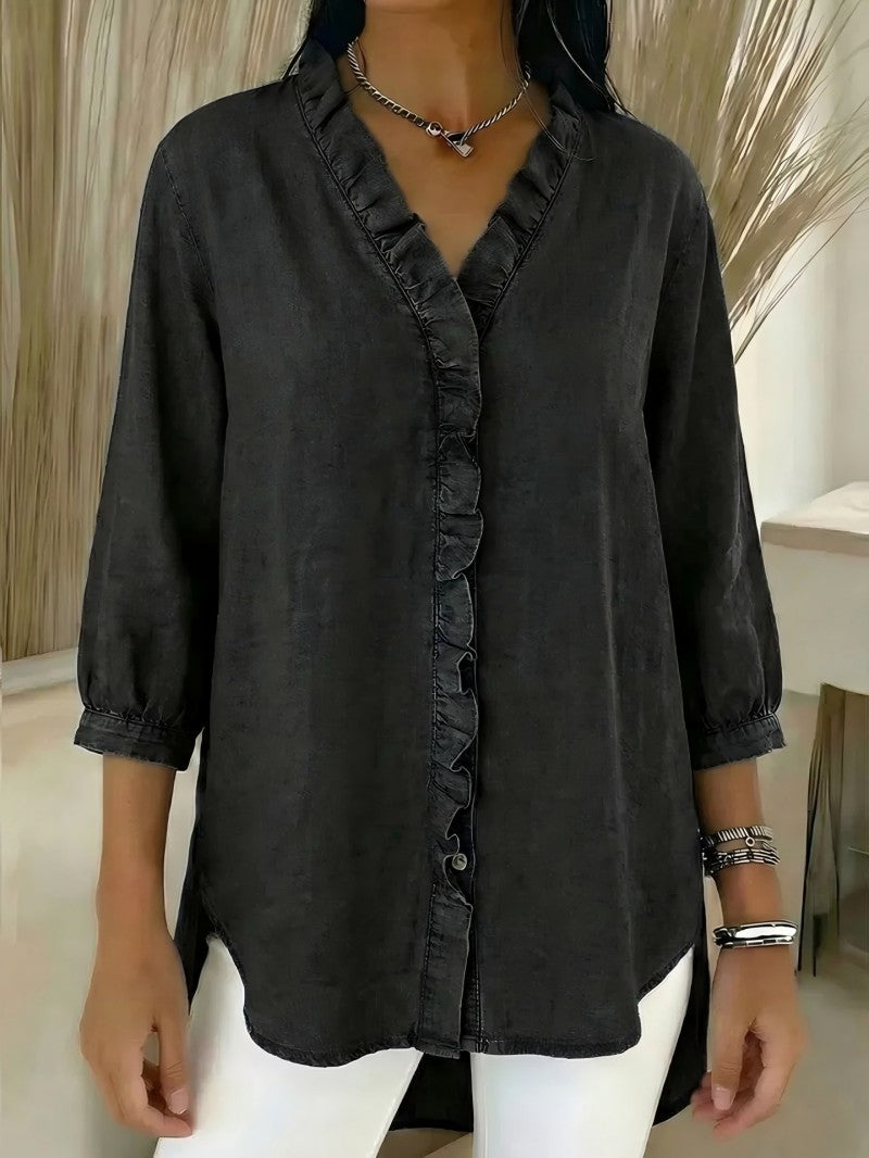 🔥 Pago contra entrega✅️【40-100 kg】Camisa vaquera casual para mujer con cuello en V y volantes ✅️2 artículos con un 70% de descuento