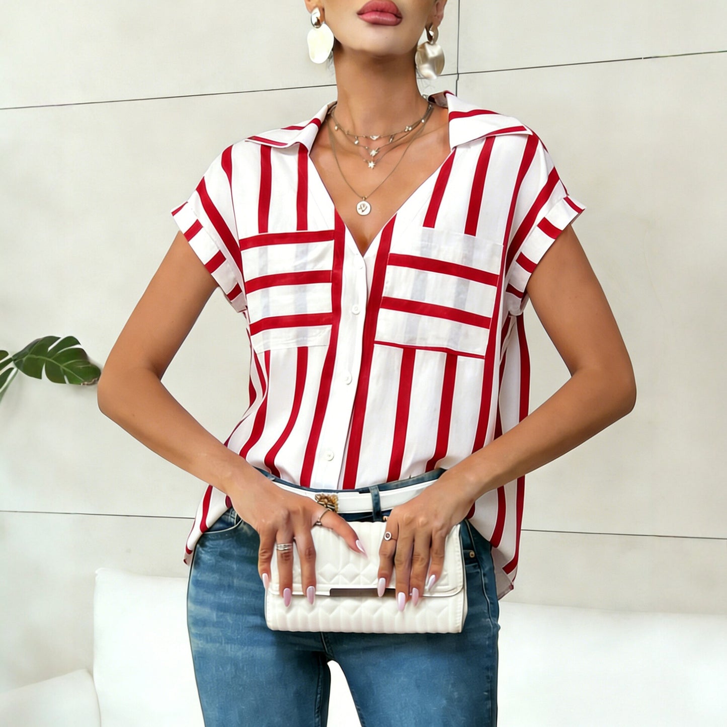 ✨✨【40-90 kg】Camisa de mujer nueva, holgada e informal, con cuello en V y bolsillos a rayas (modelo 2026) ✅Pago contra entrega ✅2 artículos con un 70 % de descuento