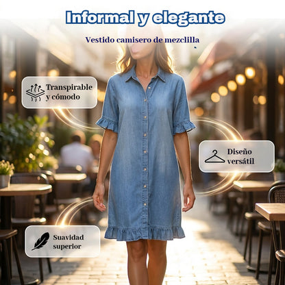 👔50% de descuento🔥【40-120 kg】Vestido camisero de mezclilla con corte amplio y volantes ✅Pago contra entrega ✅2 artículos con 70% de descuento