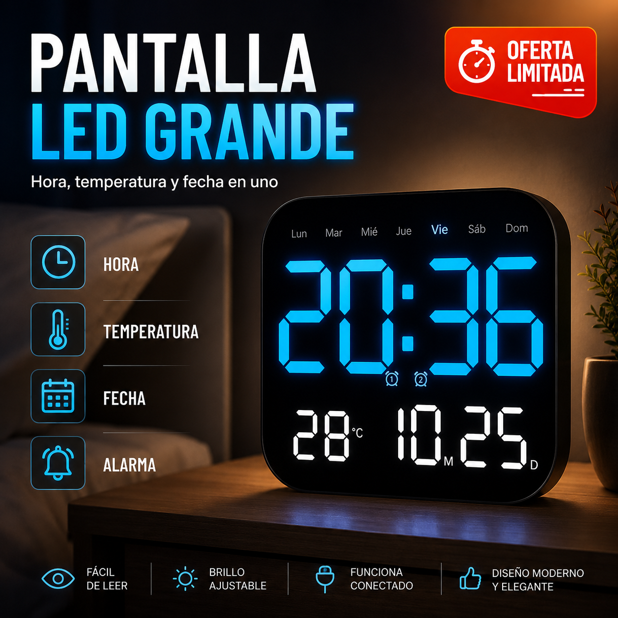 🕰️ ¡Más de 50.000 unidades vendidas! 🛏️ Reloj digital para el hogar y la oficina: ¡despierte suavemente y olvídese de las alarmas molestas! Brillo ajustable, funcionamiento silencioso por la noche. 🌙Pago contra entrega✅