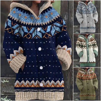 🔥 50% SLEVA 🔥 ✨ Nový dámský pletený svetr s kapucí, geometrickým vzorem a zapínáním na knoflíky, ideální na podzim a zimu, velikosti S–5XL.
