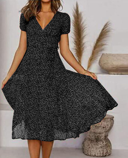 🌈👗 Sleva 50%🔥【40-100kg】Рокля с къс ръкав, V-образно деколте и флорален десен на точки, големи размери ✅️Плащане при доставка