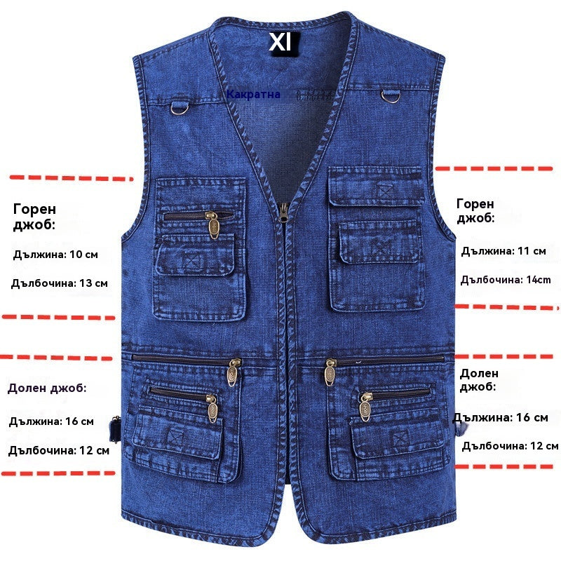 🔥 【Нова колекция -50% 】Мъжки дънков елек с много джобове 【XL–7XL】 – Издръжлив, дишащ и удобен ✅Плащане при доставка ✅2 артикула със 70% отстъпка