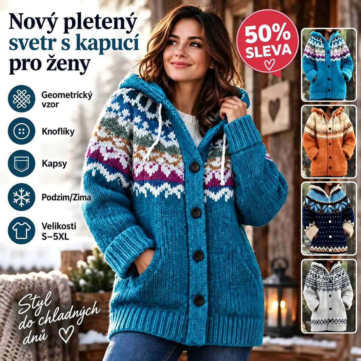 🔥 50% SLEVA 🔥 ✨ Nový dámský pletený svetr s kapucí, geometrickým vzorem a zapínáním na knoflíky, ideální na podzim a zimu, velikosti S–5XL.