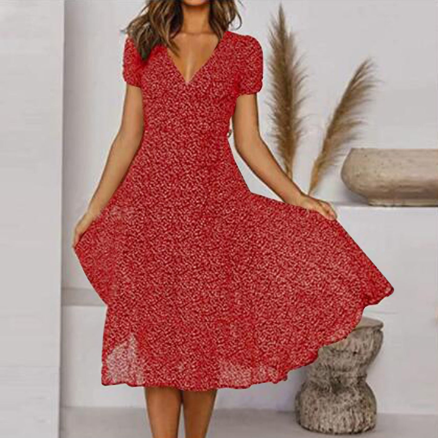 🌈👗 Sleva 50%🔥【40-100kg】Рокля с къс ръкав, V-образно деколте и флорален десен на точки, големи размери ✅️Плащане при доставка