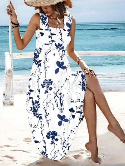 🏖️💃【Sleva 50 % ✨】【S–8XL】Nové letní dámské šaty na ramínka s potiskem, volného střihu, s elastickým pasem, ve velkých velikostech