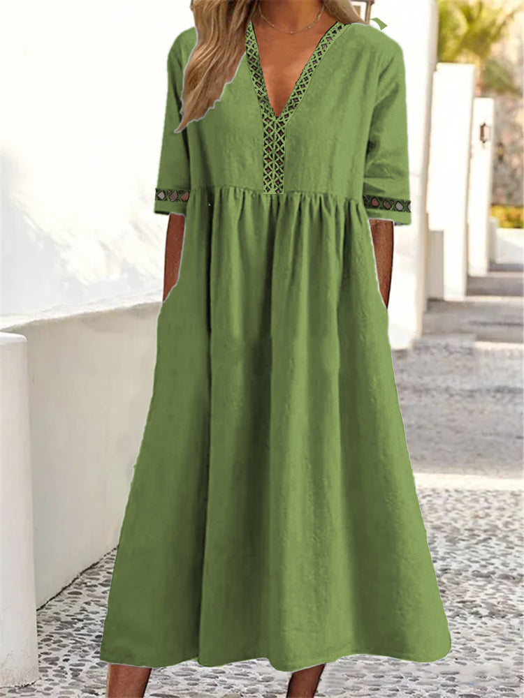 👗【– 50% отстъпка 🔥】😍 Пролетно-лятна рокля с къс ръкав и V-образно деколте от дантела ✅️Плащане при доставка