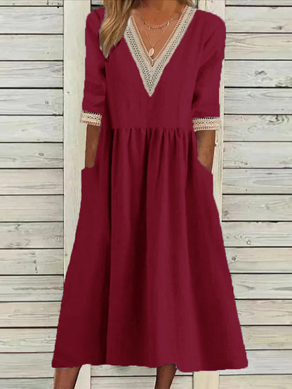 👗【50% отстъпка 🔥】👑 Рокля миди размер от памук и лен с дантелена яка ✅️Плащане при доставка