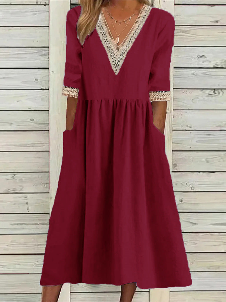 🌈👗【Sleva 50 % 🔥】【40–90 kg】👑 Ležérní dámské midi šaty z bavlny a lnu s krajkovým límečkem, ve větších velikostech