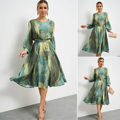 🌿👗 Płatność przy odbiorze✅️ Elegancka zielona sukienka z długimi rękawami i spódnicą 🌸