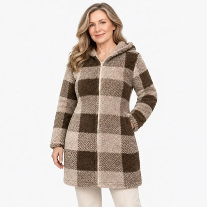 ✨【S-3XL】Dlouhý oboustranný dámský kardigan/plášť na zip – umělá srst a kostkovaný vzor (podzim/zima)