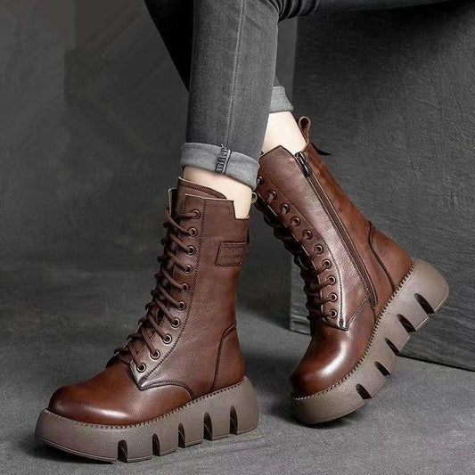 Limitovaná nabídka 42% sleva 🔥👢【35-40】Vysoce kvalitní ručně vyráběné dámské měkké kožené kozačky s tlustou podrážkou, podzim–zima nová kolekce