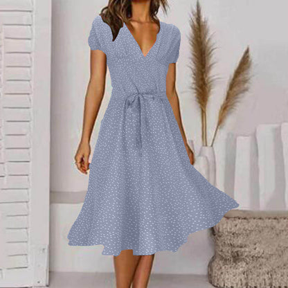🌈👗 Sleva 50%🔥【40-100kg】Рокля с къс ръкав, V-образно деколте и флорален десен на точки, големи размери ✅️Плащане при доставка