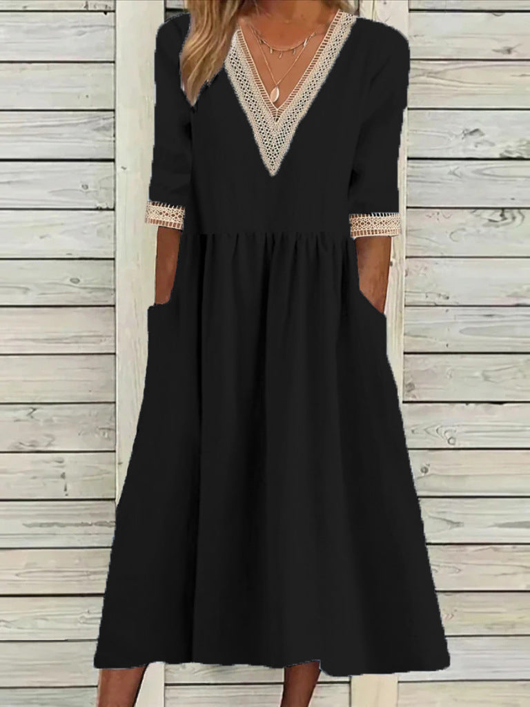 👗【50% отстъпка 🔥】👑 Рокля миди размер от памук и лен с дантелена яка ✅️Плащане при доставка