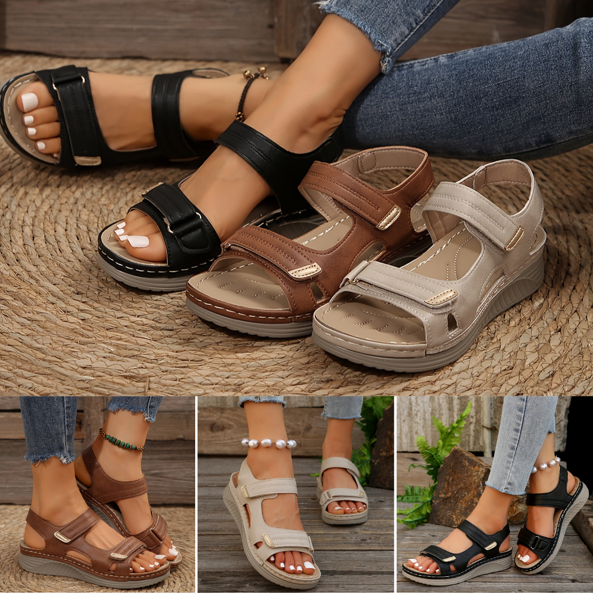 🌟👡 50% отстъпка🔥【36–43】Удобни и елегантни дамски сандали на танкетка с отворен връх - велкро закопчалка ✅️Плащане при доставка