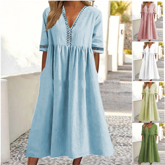 👗【– 50% zniżki 🔥】😍 Sukienka wiosenno-letnia z krótkim rękawem i dekoltem w serek z koronki ✅️Płatność przy odbiorze