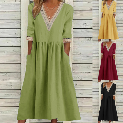 👗【50% отстъпка 🔥】👑 Рокля миди размер от памук и лен с дантелена яка ✅️Плащане при доставка