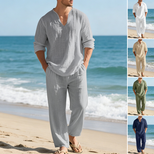 🌴 50% zniżki🔥【Top + spodnie】Męski lniany garnitur casualowy o luźnym kroju z dekoltem w serek, idealny na plażę. ✅️Płatność przy odbiorze ✅️2 artykuły z 70% zniżką