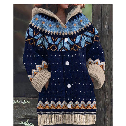 🔥 50% SLEVA 🔥 ✨ Nový dámský pletený svetr s kapucí, geometrickým vzorem a zapínáním na knoflíky, ideální na podzim a zimu, velikosti S–5XL.