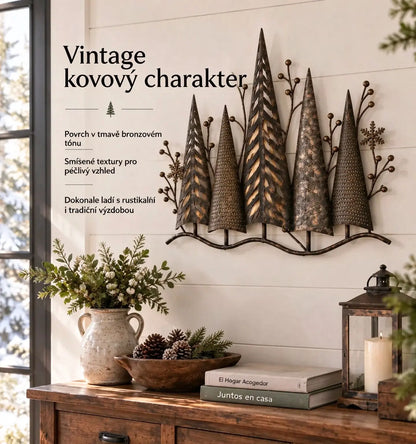🎄🕯️ Kovová nástěnná dekorace s motivem lesa, ve vintage stylu s osvětlením 🌙