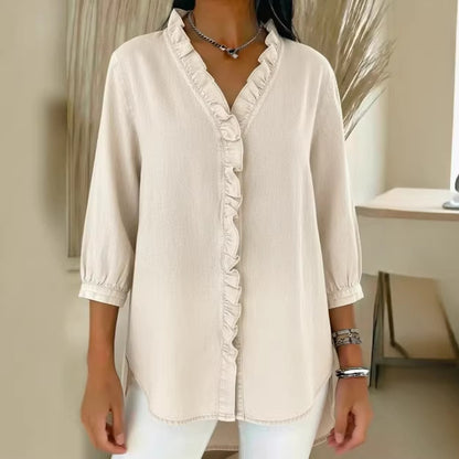 🔥 Pago contra entrega✅️【40-100 kg】Camisa vaquera casual para mujer con cuello en V y volantes ✅️2 artículos con un 70% de descuento