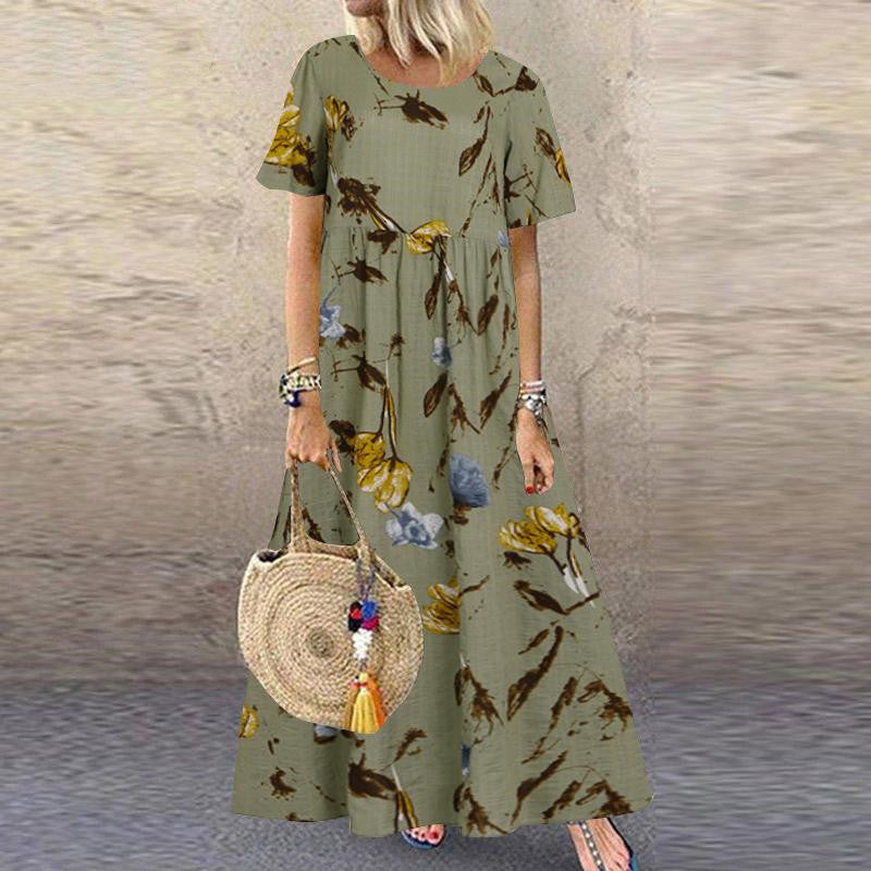 🌼👗 50% отстъпка🔥【40-120 кг】Дамска ретро рокля с флорален мотив, къси ръкави и кръгло деколте, голям размер ✅Плащане при доставка ✅2 артикула със 70% отстъпка