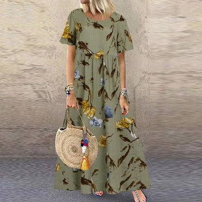 🌼👗 50% отстъпка🔥【40-120 кг】Дамска ретро рокля с флорален мотив, къси ръкави и кръгло деколте, голям размер ✅Плащане при доставка ✅2 артикула със 70% отстъпка