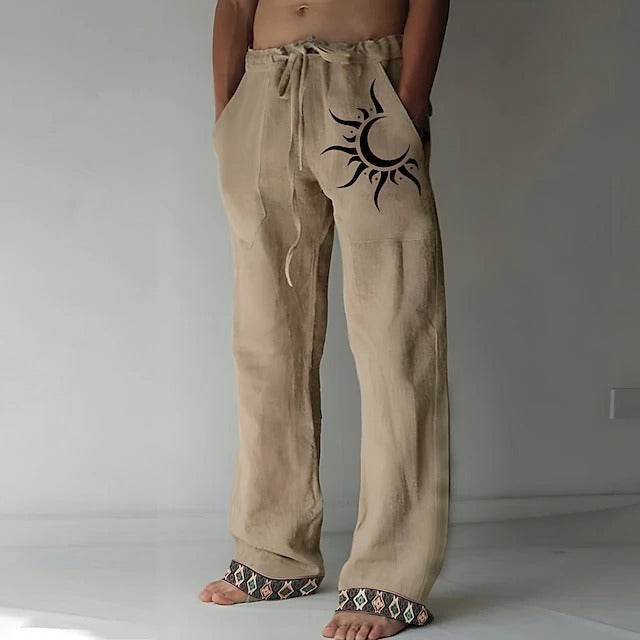 🌙👖 50% popusta🔥【40-130kg】Нови мъжки панталони с лунен десен, големи размери, от смес от памук и лен ✅️Плащане при доставка