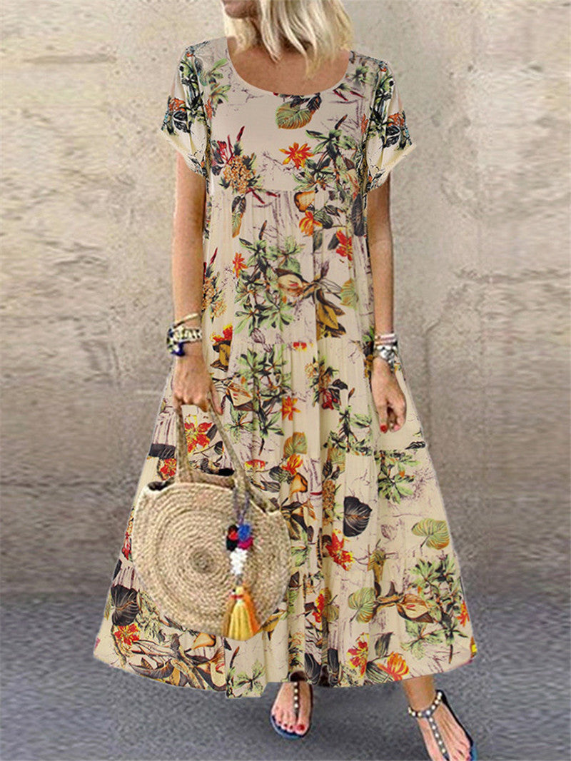 🌼👗 50% отстъпка🔥【40-120 кг】Дамска ретро рокля с флорален мотив, къси ръкави и кръгло деколте, голям размер ✅Плащане при доставка ✅2 артикула със 70% отстъпка