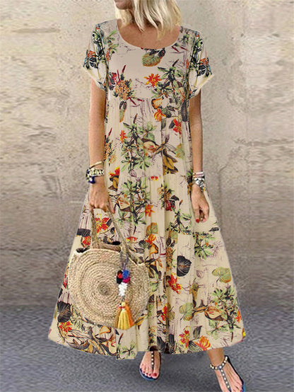 🌼👗 50% отстъпка🔥【40-120 кг】Дамска ретро рокля с флорален мотив, къси ръкави и кръгло деколте, голям размер ✅Плащане при доставка ✅2 артикула със 70% отстъпка