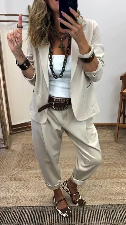 💎50% de descuento💎【40-100 kg】✨👖Conjunto de chaqueta y pantalón para mujer con solapas - corte ajustado, material suave✅️Pago contra entrega ✅70% de descuento en 2 artículos
