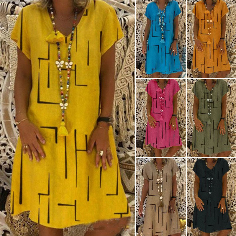 🌲😍【50% popusta🔥】Nova haljina od pamuka i lana s V-izrezom i uzorkom – Rasprodaja za kraj sezone ✅️Plaćanje pouzećem