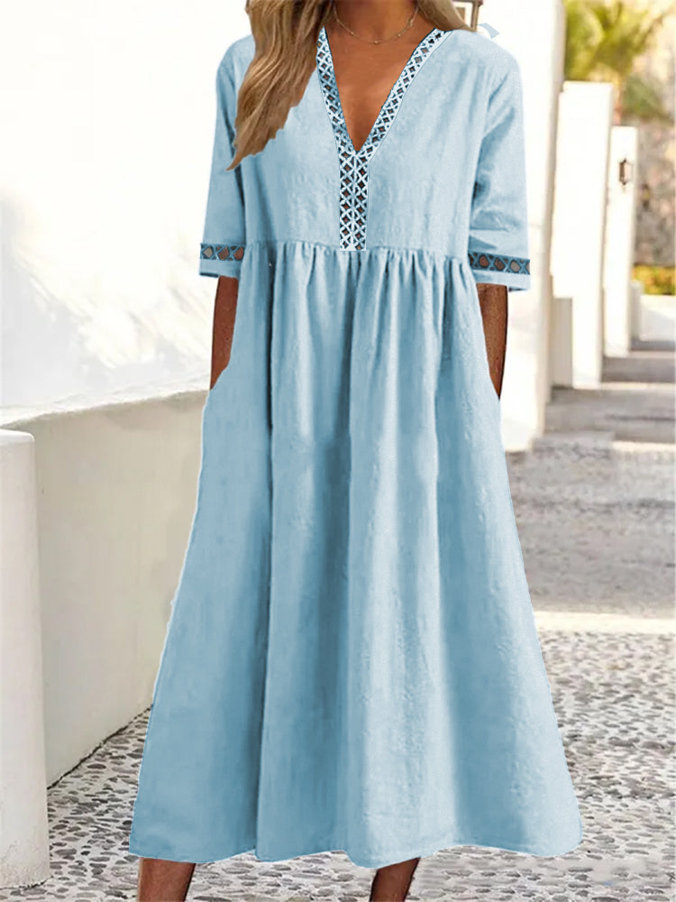 👗【– 50% sleva 🔥】😍 Jarní/letní šaty s krátkým rukávem, krajkovým výstřihem do V ✅️Dobírka