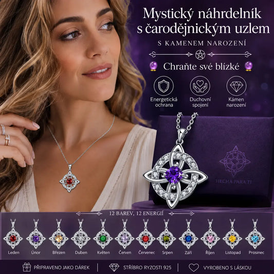 ✨🔮 Mystický náhrdelník s čarodějnickým uzlem a kamenem narození 💞 Chraňte své blízké